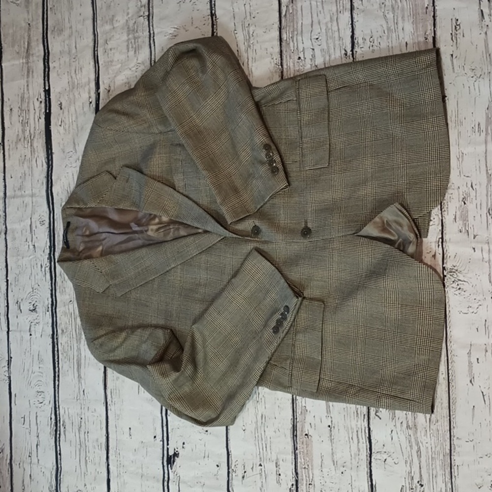 Chaps Ralph Lauren Men's Brown Tan Wool Plaid Blazer 44 T Made in Canada